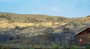 Протяженность экологической тропы — около 1 км. Вид на уникальный бархан Сарыкум